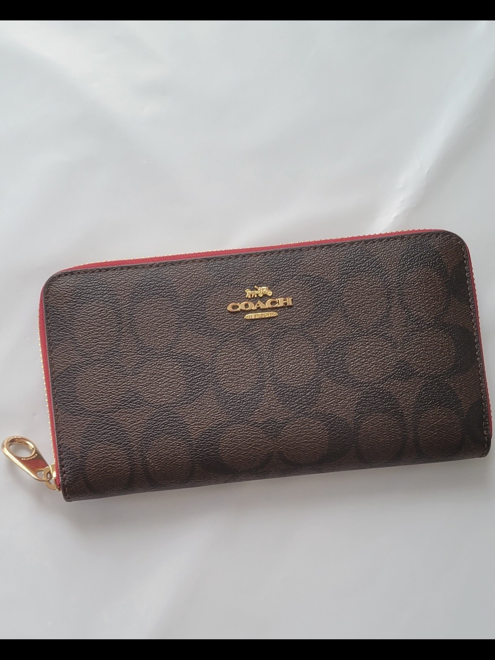Coach Brown Signature Zip-Around Wallet with Red Trim